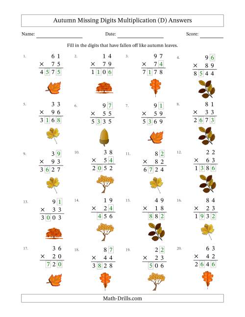 The Autumn Missing Digits Multiplication (Harder Version) (D) Math Worksheet Page 2