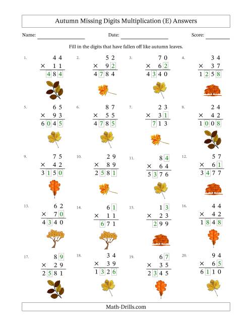 The Autumn Missing Digits Multiplication (Harder Version) (E) Math Worksheet Page 2