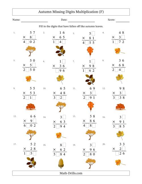 The Autumn Missing Digits Multiplication (Harder Version) (F) Math Worksheet