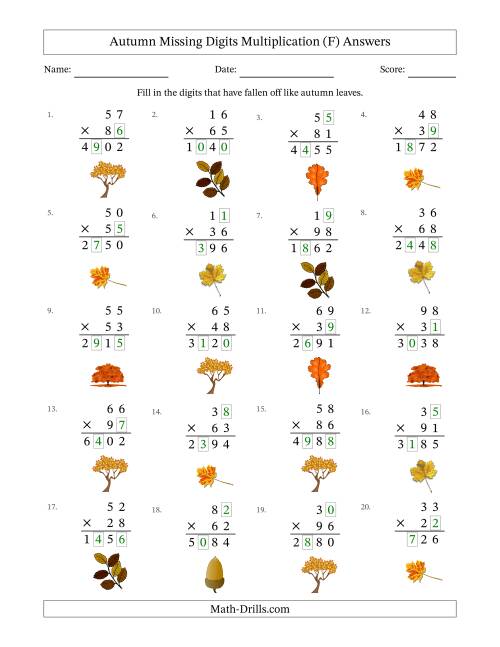 The Autumn Missing Digits Multiplication (Harder Version) (F) Math Worksheet Page 2