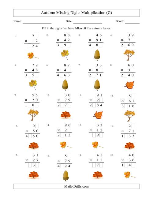 The Autumn Missing Digits Multiplication (Harder Version) (G) Math Worksheet