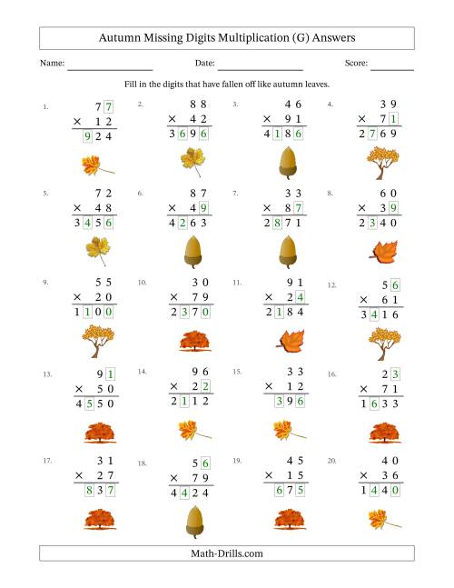 The Autumn Missing Digits Multiplication (Harder Version) (G) Math Worksheet Page 2