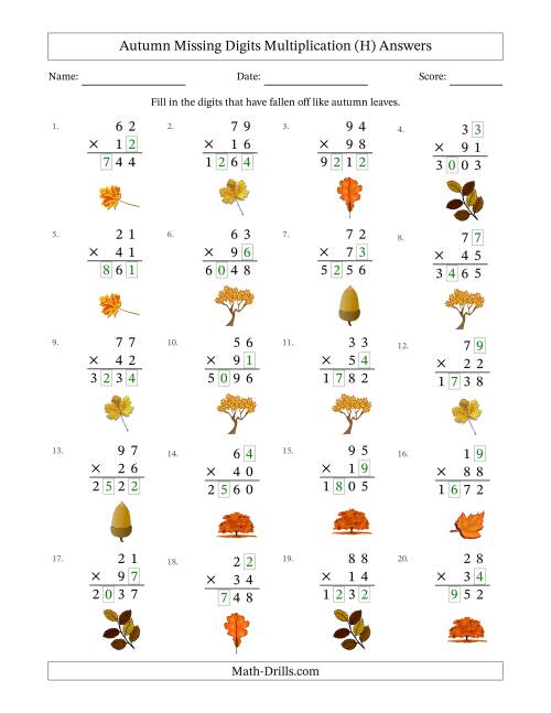 The Autumn Missing Digits Multiplication (Harder Version) (H) Math Worksheet Page 2