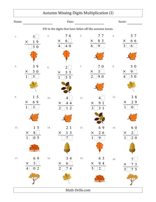 The Autumn Missing Digits Multiplication (Harder Version) (I) Math Worksheet