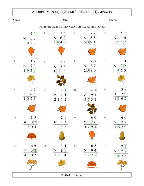 The Autumn Missing Digits Multiplication (Harder Version) (I) Math Worksheet Page 2
