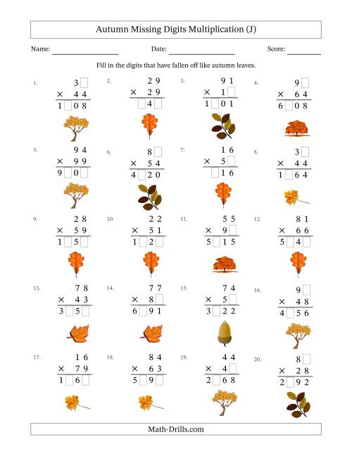 The Autumn Missing Digits Multiplication (Harder Version) (J) Math Worksheet