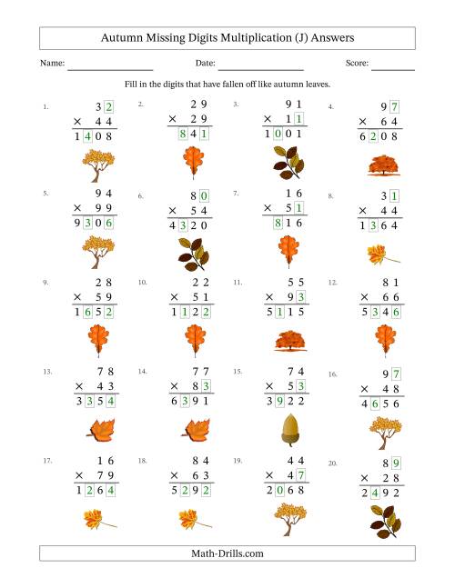 The Autumn Missing Digits Multiplication (Harder Version) (J) Math Worksheet Page 2