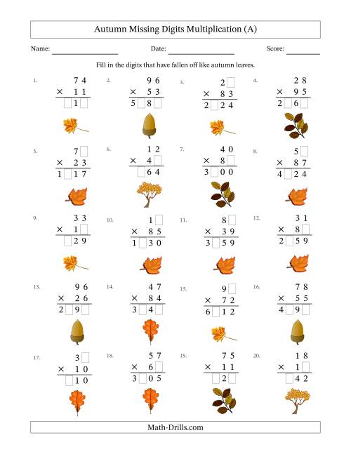 The Autumn Missing Digits Multiplication (Harder Version) (All) Math Worksheet
