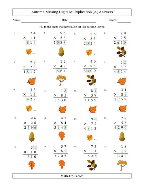 The Autumn Missing Digits Multiplication (Harder Version) (All) Math Worksheet Page 2