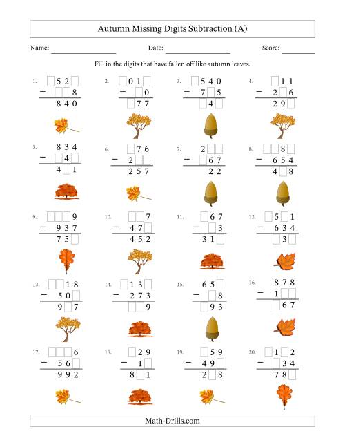 The Autumn Missing Digits Subtraction (Easier Version) (A) Math Worksheet