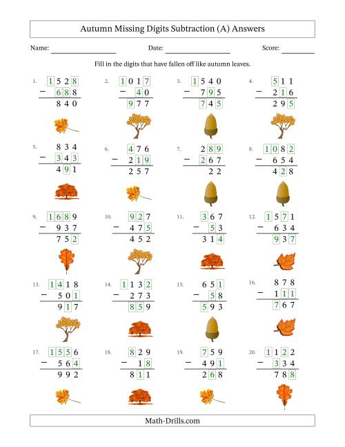 The Autumn Missing Digits Subtraction (Easier Version) (A) Math Worksheet Page 2