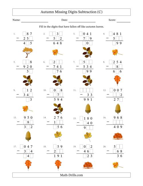 The Autumn Missing Digits Subtraction (Easier Version) (C) Math Worksheet