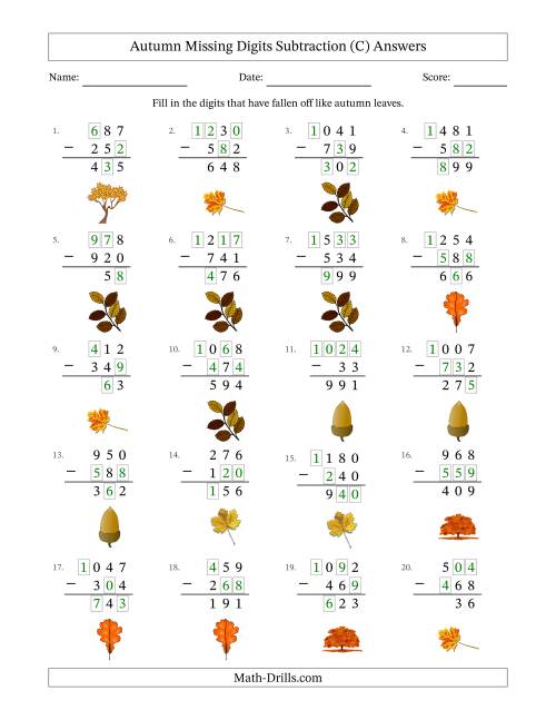The Autumn Missing Digits Subtraction (Easier Version) (C) Math Worksheet Page 2