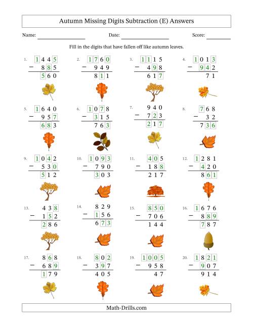 The Autumn Missing Digits Subtraction (Easier Version) (E) Math Worksheet Page 2