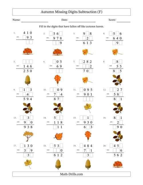 The Autumn Missing Digits Subtraction (Easier Version) (F) Math Worksheet