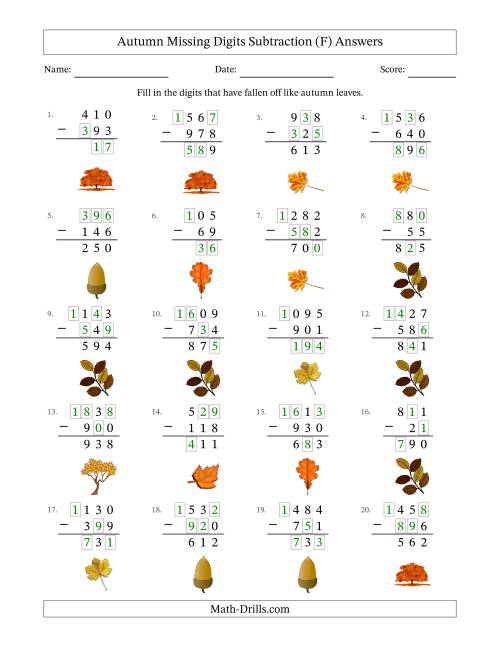 The Autumn Missing Digits Subtraction (Easier Version) (F) Math Worksheet Page 2