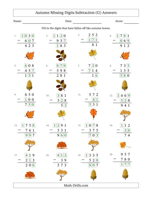 The Autumn Missing Digits Subtraction (Easier Version) (G) Math Worksheet Page 2