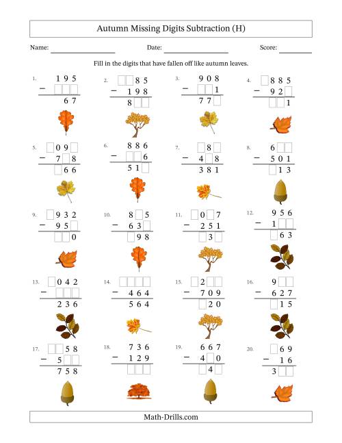 The Autumn Missing Digits Subtraction (Easier Version) (H) Math Worksheet