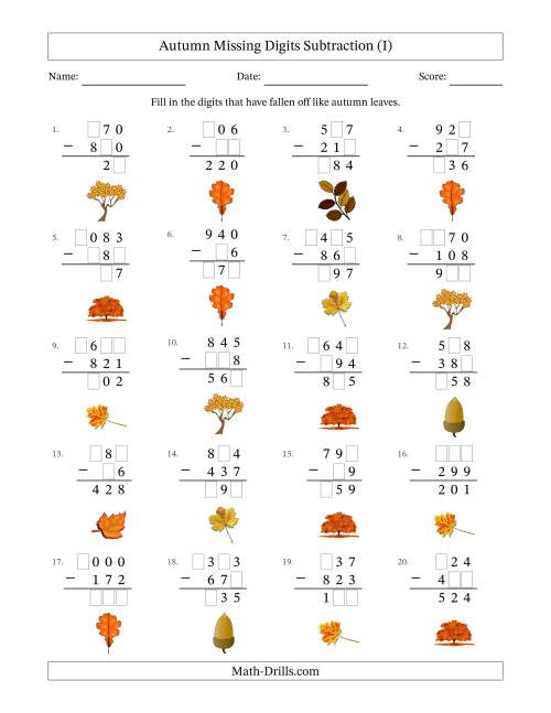 The Autumn Missing Digits Subtraction (Easier Version) (I) Math Worksheet