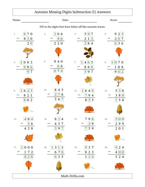 The Autumn Missing Digits Subtraction (Easier Version) (I) Math Worksheet Page 2