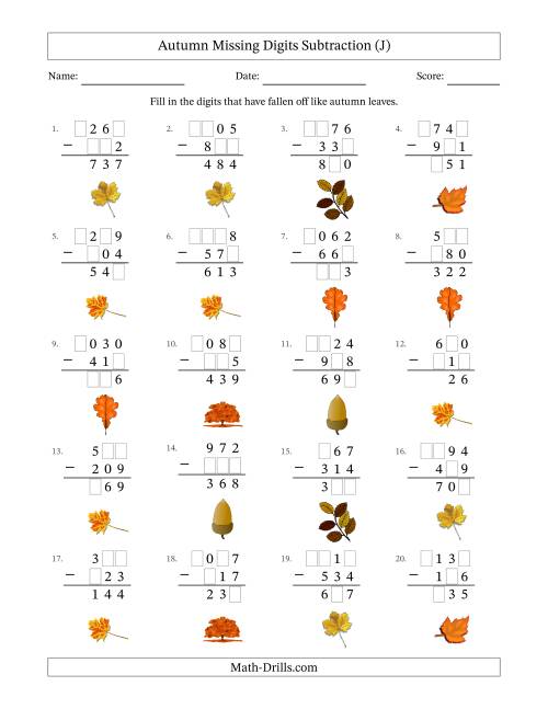The Autumn Missing Digits Subtraction (Easier Version) (J) Math Worksheet