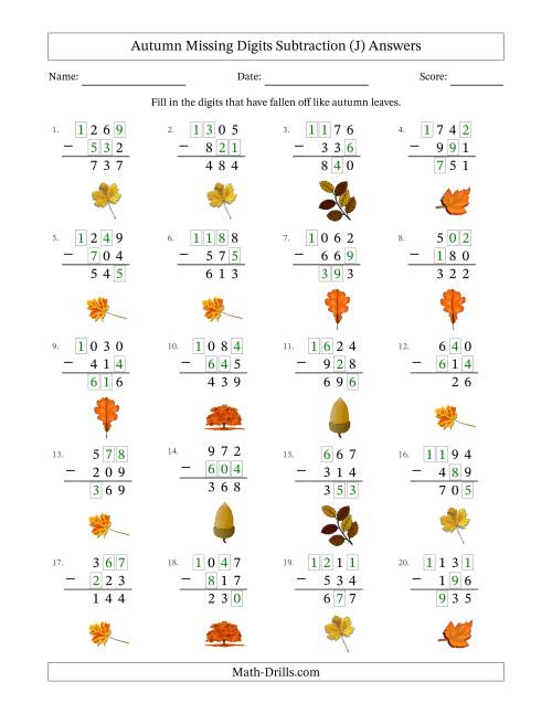 The Autumn Missing Digits Subtraction (Easier Version) (J) Math Worksheet Page 2