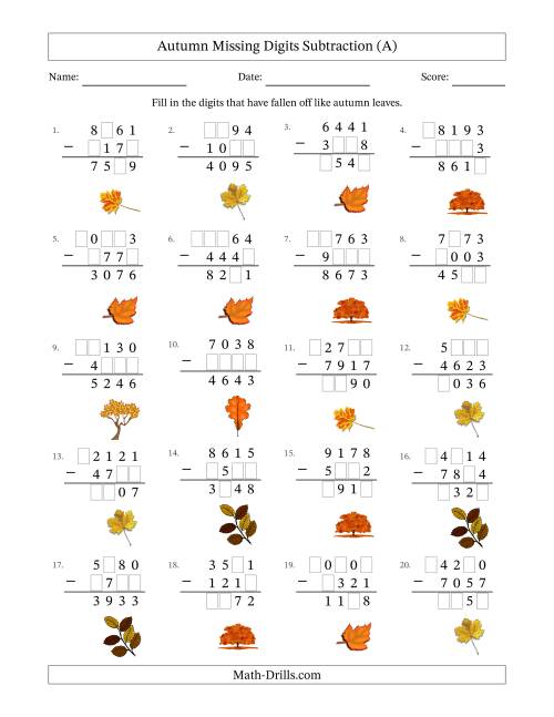 The Autumn Missing Digits Subtraction (Harder Version) (A) Math Worksheet