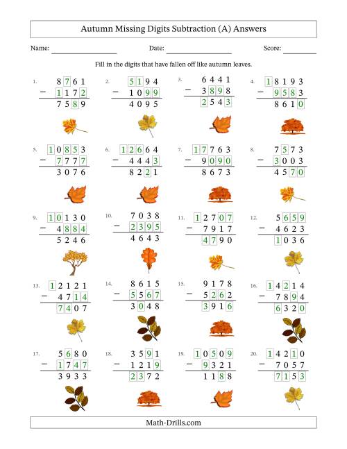 The Autumn Missing Digits Subtraction (Harder Version) (A) Math Worksheet Page 2
