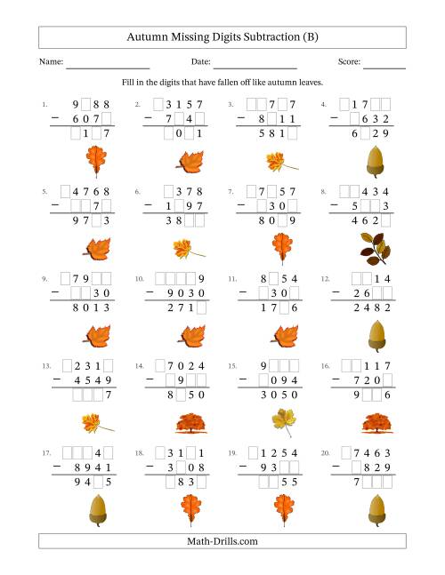 The Autumn Missing Digits Subtraction (Harder Version) (B) Math Worksheet