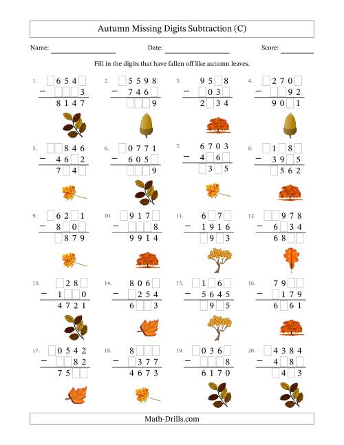 The Autumn Missing Digits Subtraction (Harder Version) (C) Math Worksheet