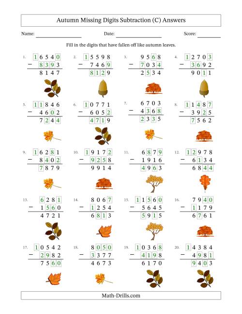The Autumn Missing Digits Subtraction (Harder Version) (C) Math Worksheet Page 2