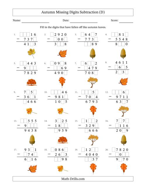 The Autumn Missing Digits Subtraction (Harder Version) (D) Math Worksheet