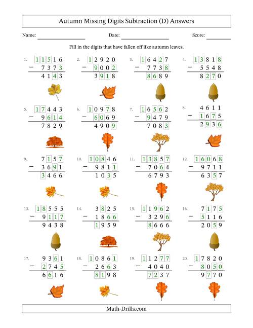 The Autumn Missing Digits Subtraction (Harder Version) (D) Math Worksheet Page 2