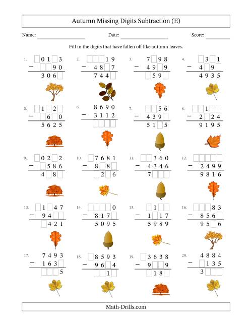 The Autumn Missing Digits Subtraction (Harder Version) (E) Math Worksheet