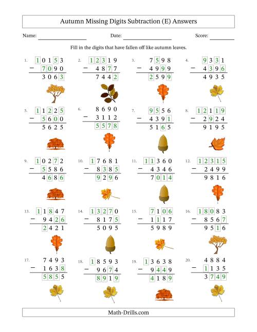 The Autumn Missing Digits Subtraction (Harder Version) (E) Math Worksheet Page 2