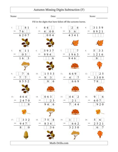 The Autumn Missing Digits Subtraction (Harder Version) (F) Math Worksheet