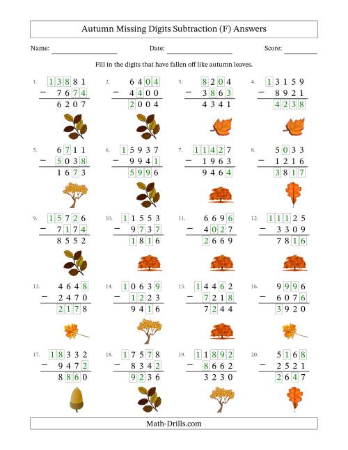 The Autumn Missing Digits Subtraction (Harder Version) (F) Math Worksheet Page 2