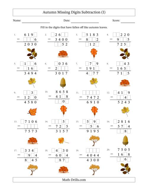 The Autumn Missing Digits Subtraction (Harder Version) (I) Math Worksheet