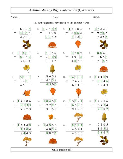 The Autumn Missing Digits Subtraction (Harder Version) (I) Math Worksheet Page 2