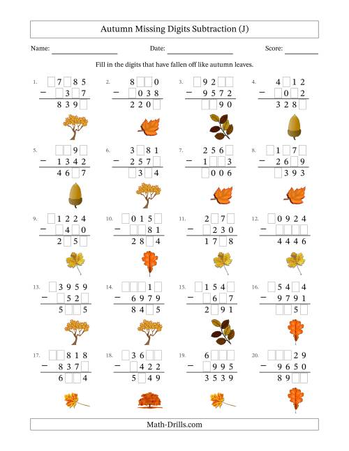 The Autumn Missing Digits Subtraction (Harder Version) (J) Math Worksheet