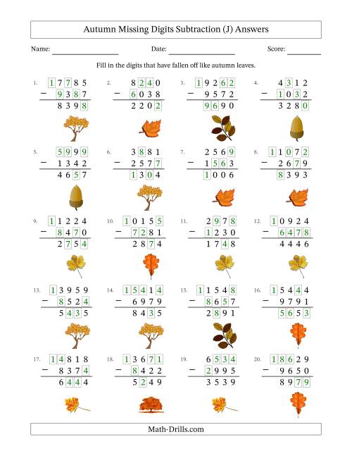 The Autumn Missing Digits Subtraction (Harder Version) (J) Math Worksheet Page 2