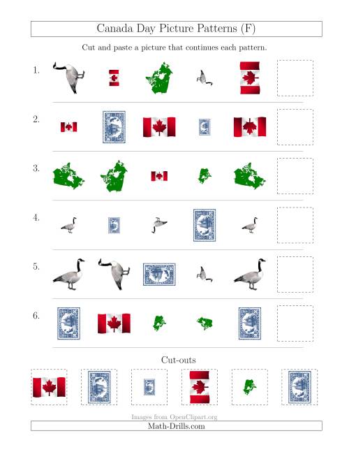 The Canada Day Picture Patterns with Shape, Size and Rotation Attributes (F) Math Worksheet