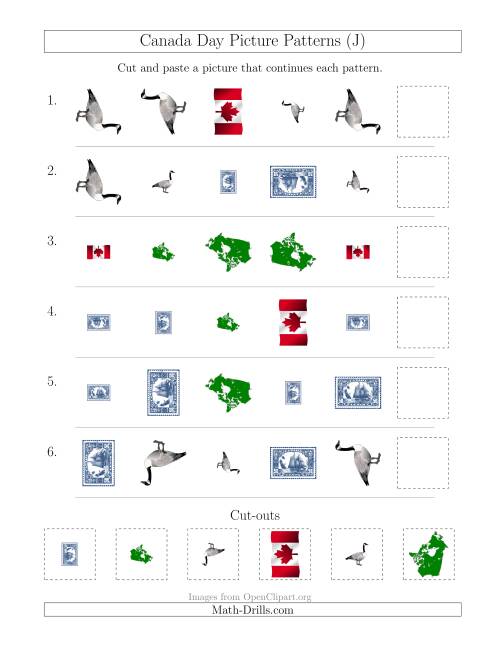 The Canada Day Picture Patterns with Shape, Size and Rotation Attributes (J) Math Worksheet