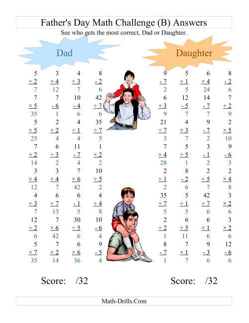 The Father's Day Dad and Daughter Challenge -- All Operations Range 1 to 7 (B) Math Worksheet Page 2