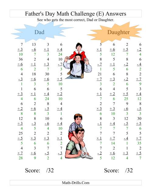 The Father's Day Dad and Daughter Challenge -- All Operations Range 1 to 7 (E) Math Worksheet Page 2
