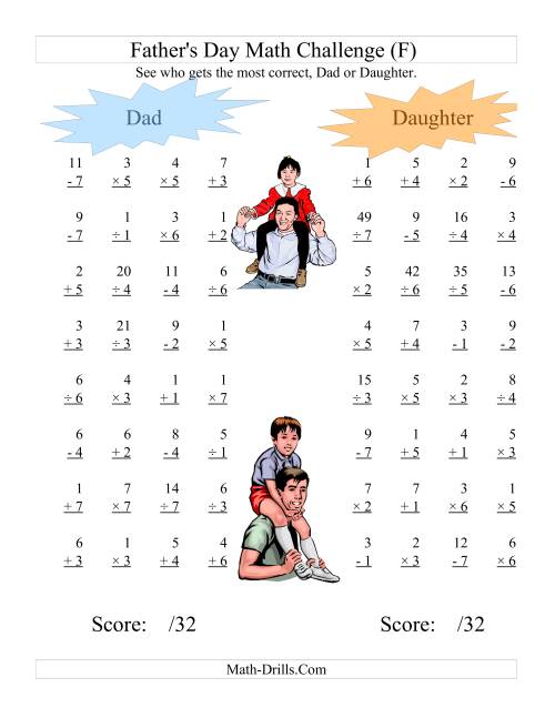 The Father's Day Dad and Daughter Challenge -- All Operations Range 1 to 7 (F) Math Worksheet