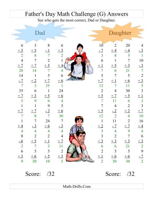 The Father's Day Dad and Daughter Challenge -- All Operations Range 1 to 7 (G) Math Worksheet Page 2