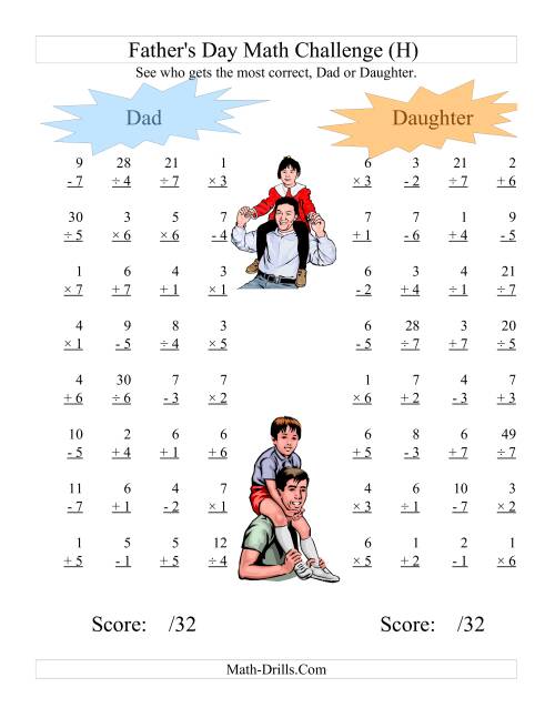 The Father's Day Dad and Daughter Challenge -- All Operations Range 1 to 7 (H) Math Worksheet