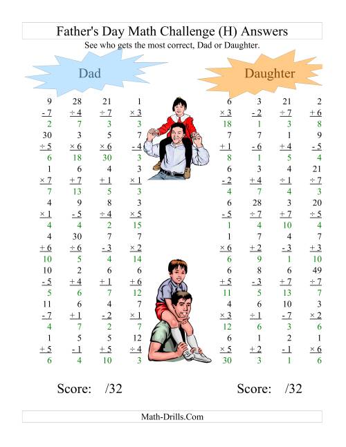 The Father's Day Dad and Daughter Challenge -- All Operations Range 1 to 7 (H) Math Worksheet Page 2