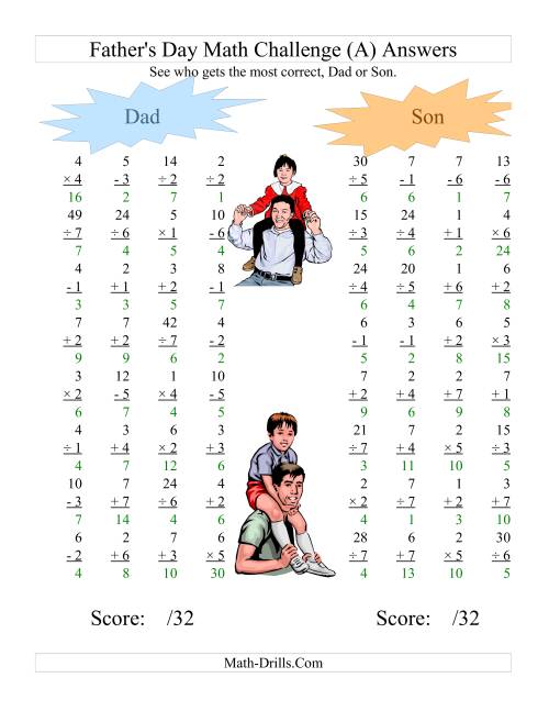 The Father's Day Dad and Son Challenge -- All Operations Range 1 to 7 (A) Math Worksheet Page 2